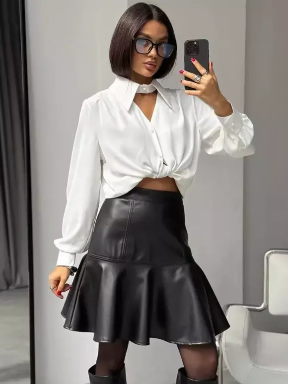 Jupe sirène mini taille haute en similicuir à ourlet volanté pour femme 2026