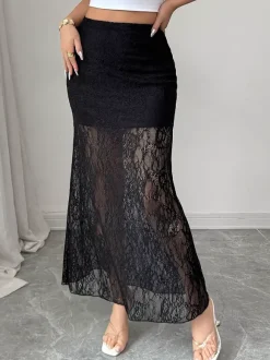 Jupes longues élégantes en dentelle noire à taille haute et transparente pour femmes