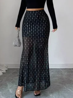 Jupes longues noires à pois taille haute élégantes pour femmes