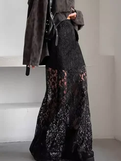 Jupe taille haute en dentelle noire transparente ajourée