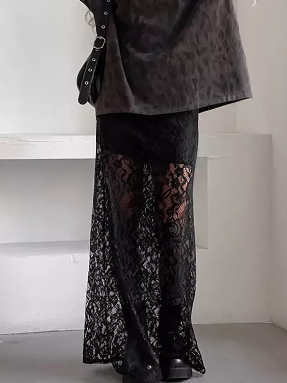 Jupe taille haute en dentelle noire transparente ajourée