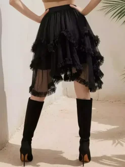 Jupe tutu gothique lolita à volants étagés en résille coupe asymétrique pour femme 2026