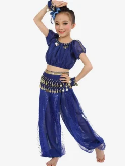 La danse du ventre Costume bleu Royal Kids à manches courtes en mousseline de soie Déguisements Halloween
