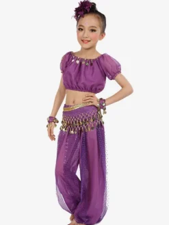 La danse du ventre Costume bleu Royal Kids à manches courtes en mousseline de soie Déguisements Halloween