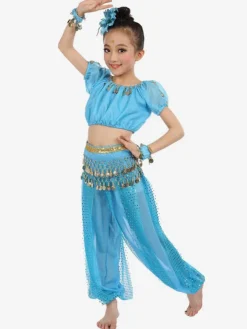 La danse du ventre Costume bleu Royal Kids à manches courtes en mousseline de soie Déguisements Halloween