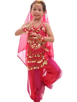 La danse du ventre Costume enfants rouge en mousseline de soie sans manches Déguisements Halloween