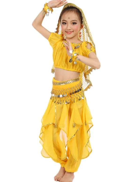 La danse du ventre Costume Kids jaune indien Bollywood en mousseline de soie Costumes de danse Déguisements Halloween
