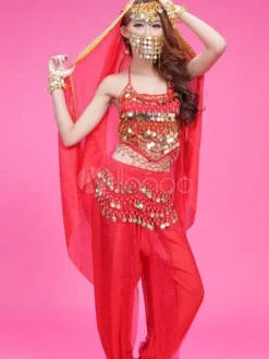 La danse du ventre Costume mousseline de soie Rose haut perlé avec des pantalons et costumes de danse Bollywood voile Déguisements Halloween
