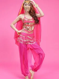 La danse du ventre Costume mousseline de soie Rose haut perlé avec des pantalons et costumes de danse Bollywood voile Déguisements Halloween