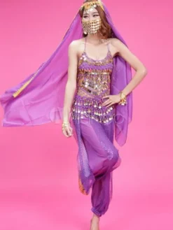 La danse du ventre Costume mousseline de soie Rose haut perlé avec des pantalons et costumes de danse Bollywood voile Déguisements Halloween
