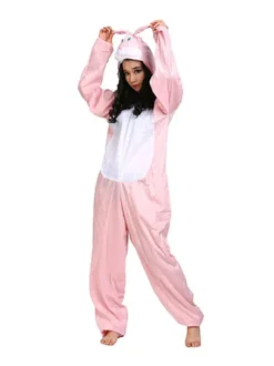 Lapin De Pâques Kigurumi Rose Pyjamas Carnaval Flanelle Lièvre Combinaison Adulte Déguisements Halloween