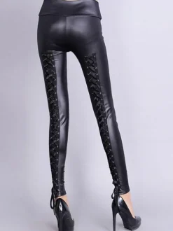 Legging Femmes Elastique Long à Cuir Synthétique Vernis Décoration avec Les Lacets à Noeuds Bicolores Sexy Legging Femmes