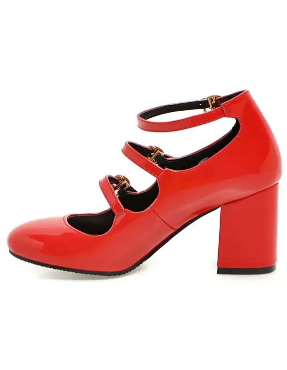 Les talons Chunky roses ronde Toe bouclée Ankle Strap pompe chaussures pour femmes