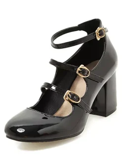 Les talons Chunky roses ronde Toe bouclée Ankle Strap pompe chaussures pour femmes
