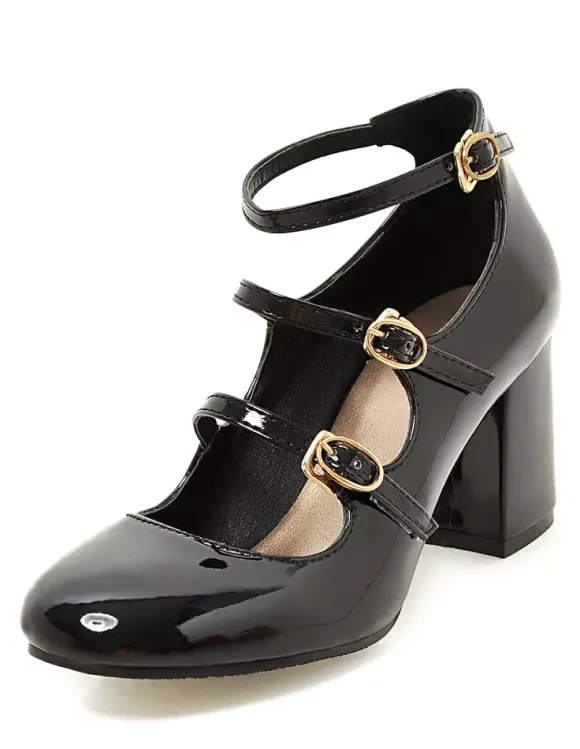 Les talons Chunky roses ronde Toe bouclée Ankle Strap pompe chaussures pour femmes