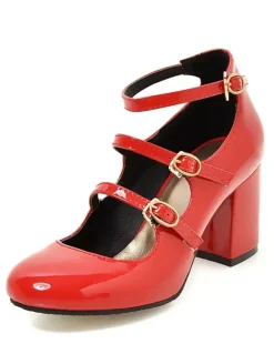 Les talons Chunky roses ronde Toe bouclée Ankle Strap pompe chaussures pour femmes
