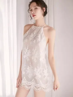 Linge de Mariée Chemise de nuit sexy en dentelle blanche dos nu semi-transparente mini-robe à bretelles et ourlet festonné
