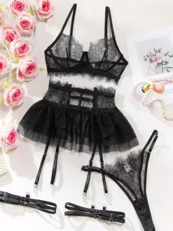 Linge de Mariée Ensemble de lingerie de mariée en dentelle blanche 4 pièces soutien-gorge et culotte