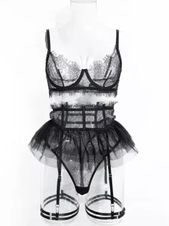 Linge de Mariée Ensemble de lingerie de mariée en dentelle blanche 4 pièces soutien-gorge et culotte