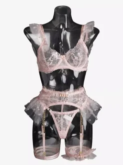 Linge de Mariée Ensemble de lingerie de mariage sexy 4 pièces en dentelle imprimée blanche avec soutien-gorge et culotte