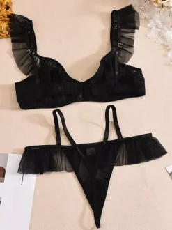 Linge de Mariée Ensemble soutien-gorge et culotte blancs en dentelle à volants deux pièces pour la mariée