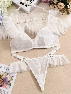 Linge de Mariée Ensemble soutien-gorge et culotte blancs en dentelle à volants deux pièces pour la mariée