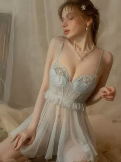 Linge de Mariée Lingerie Femme Nuisette Beige Dentelle Dos Nu Tissu Satin Sexy