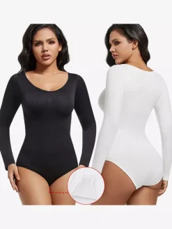 Linge de Mariée Lingerie sculptante marron café manches longues body gainant sans coutures gaine amincissante grande taille contrôle du ventre sous-vêtements sculptants