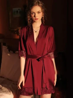 Linge de Mariée Nuisette Lingerie Sexy Ensemble 2 Pièces en Satin Courte à Col Revers avec Manches Longues Coupe Cintrée à Lacets avec Poches Bicolores