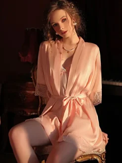 Linge de Mariée Nuisette Lingerie Sexy Ensemble 2 Pièces en Satin Courte à Col Revers avec Manches Longues Coupe Cintrée à Lacets avec Poches Bicolores