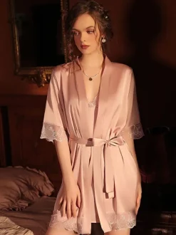 Linge de Mariée Nuisette Lingerie Sexy Ensemble 2 Pièces en Satin Courte à Col Revers avec Manches Longues Coupe Cintrée à Lacets avec Poches Bicolores