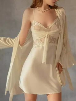 Linge de Mariée Nuisettes Lingerie Femme Beige N艙uds Dentelle Transparente Polyester Sexy Vêtements de Nuit Pyjamas