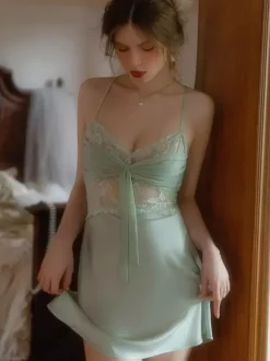 Linge de Mariée Nuisettes Lingerie Femme Beige N艙uds Dentelle Transparente Polyester Sexy Vêtements de Nuit Pyjamas