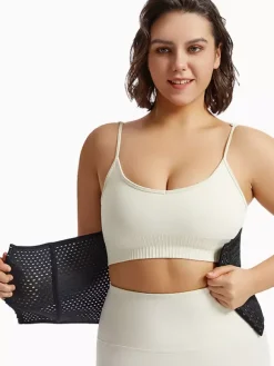 Linge de Mariée Ceinture amincissante post-partum pour le sport gainante et ventre plat avec dos ajouré et corset gainant marron boutonnée sur le devant.