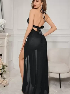 Linge de Mariée Chemise de nuit longue en dentelle licou translucide dos nu lingerie séduisante