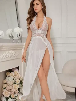 Linge de Mariée Chemise de nuit longue en dentelle licou translucide dos nu lingerie séduisante