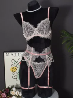 Linge de Mariée Ensemble de lingerie sexy 4 pièces en dentelle blanche avec soutien-gorge et culotte