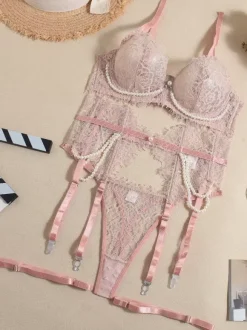 Linge de Mariée Ensemble de lingerie sexy 4 pièces en dentelle blanche avec soutien-gorge et culotte