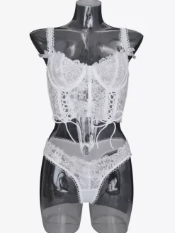 Linge de Mariée Ensemble de lingerie sexy 2 pièces en dentelle à imprimé floral pour adulte soutien-gorge et culotte blancs