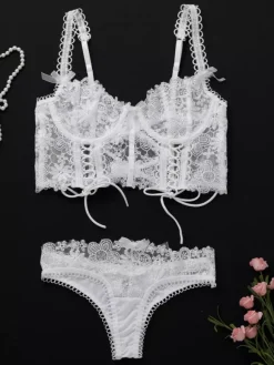 Linge de Mariée Ensemble de lingerie sexy 2 pièces en dentelle à imprimé floral pour adulte soutien-gorge et culotte blancs