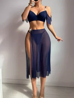 Linge de Mariée Ensembles de pyjama en polyester blanc superposé 3 pièces soutien-gorge culotte jupe lingerie vêtements de nuit