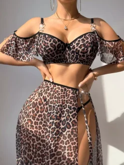 Linge de Mariée Ensembles de pyjama en polyester blanc superposé 3 pièces soutien-gorge culotte jupe lingerie vêtements de nuit