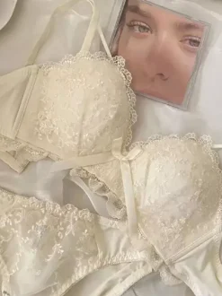 Linge de Mariée Lingerie Ensemble soutien-gorge et culotte brodés en dentelle abricot 2 pièces chic femme