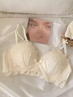 Linge de Mariée Lingerie Ensemble soutien-gorge et culotte brodés en dentelle abricot 2 pièces chic femme