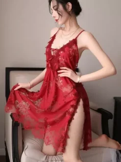 Linge de Mariée Lingerie Femme Robe Nuisette N艙uds Dentelle Transparente Sexy