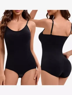 Linge de Mariée Lingerie gainante noire sans manches dos nu bretelles boutonnées au cou brassière ajustable body sans coutures coussinets amovibles fermeture à agrafes sur le devant