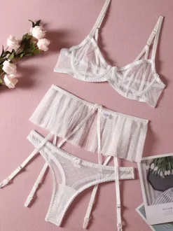 Linge de Mariée Lingerie Soutiens-Gorge Sous-Vêtement Pour Femme Blanc Dentelle 3 Pièces