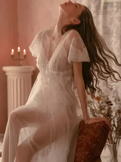 Linge de Mariée Nuisette Moulante Longue Lingerie Sexy Transparente avec Bretelles à Col V Coupe Cintrée Ensembles 3 Pièces