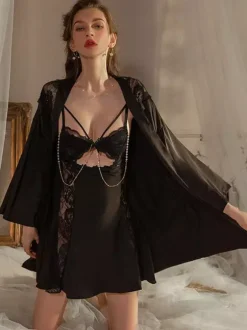 Linge de Mariée Pyjamas Vêtements de Nuit Champagne Dentelle 1 Pièce Manches Longues Lingerie Soie