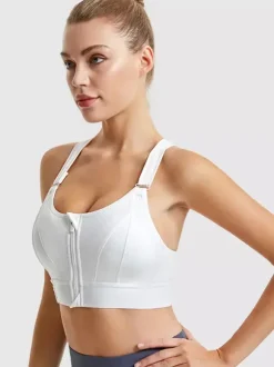 Linge de Mariée Soutien-gorge de sport bustier blanc bicolore gainant à fermeture éclair sur le devant pour femme soutien-gorge de yoga sans armatures à maintien élevé et dos nageur